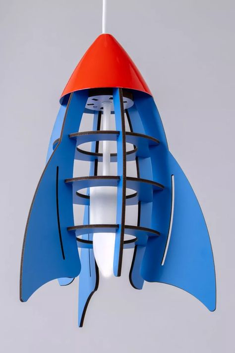 BHS Lighting Glow Rocket Ceiling Pendant Light | Debenhams Rocket Decorations, Kids Ceiling, Blue Room Decor, Rocket Design, Retro Rocket, Children Room Boy, Childrens Lighting, Red Color Schemes, Light Bulb Candle