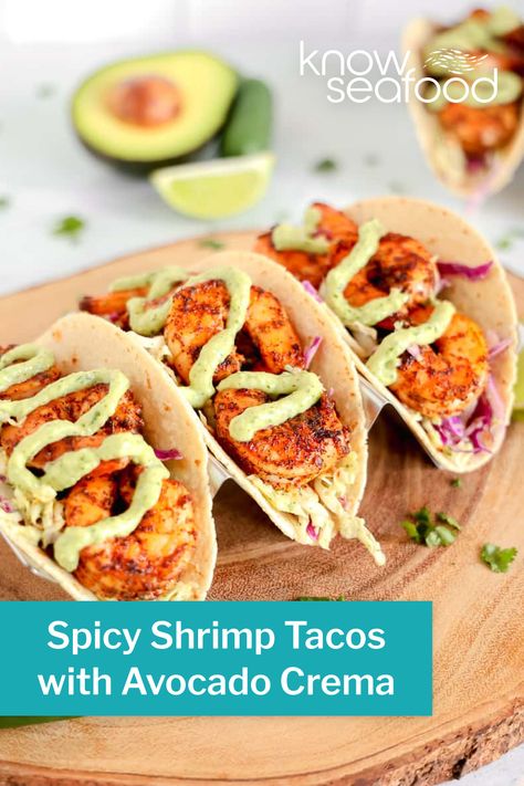 This easy shrimp taco recipe is everything you've ever wanted in a taco. Spicy marinated shrimp cooked to tender perfection. Topped with a homemade avocado crema recipe and delicious slaw... are you drooling yet? This spicy shrimp taco recipe with avocado crema is a must make every taco Tuesday. Taco Shrimp, Homemade Slaw, Tacos With Avocado, Crema Recipe, Shrimp Taco, Spicy Shrimp Tacos, Shrimp Taco Recipes, Avocado Crema, Recipes Mexican