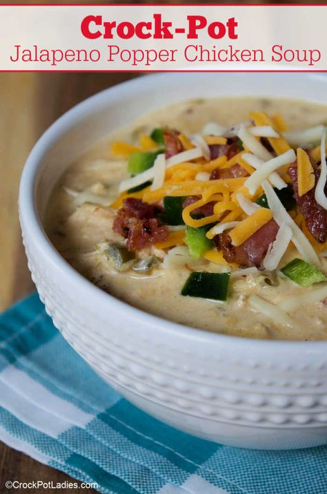 Crock-Pot Jalapeno Popper Chicken Soup Jalapeno Popper Chicken Soup, Popper Soup, Chicken Soup Crockpot, Popper Chicken, Jalapeno Popper Chicken, Chicken Soup Recipe, Keto Crockpot Recipes, Jalapeno Chicken, Jalapeno Popper