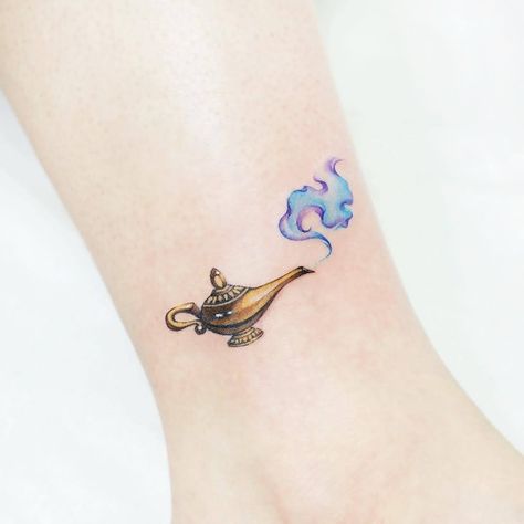 Genie Lamp Tattoo, Genie Tattoo, Aladdin Tattoo, Lamp Tattoo, Sigil Tattoo, Genie Lamp, Cartoon Character Tattoos, Disney Tattoos, Ankle Tattoo