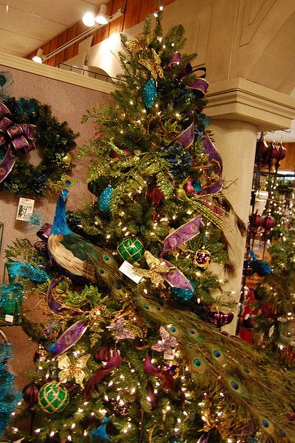 *Pretty Peacock Christmas Decorations, Peacock Christmas Tree, Peacock Christmas, Peacock Theme, Beautiful Christmas Trees, Green Christmas Tree, Noel Christmas, Christmas Tree Themes, Christmas Love