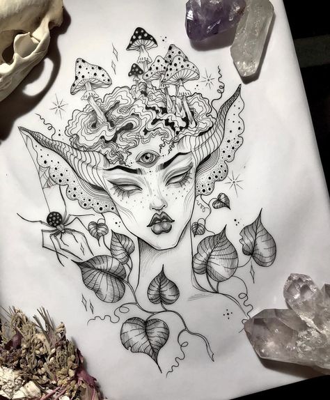 Tier Tattoo, Armband Tattoos, Horror Drawing, Mushroom Tattoos, Frida Art, Witch Tattoo, Forest Tattoos, Tattoed Women, Forest Elf