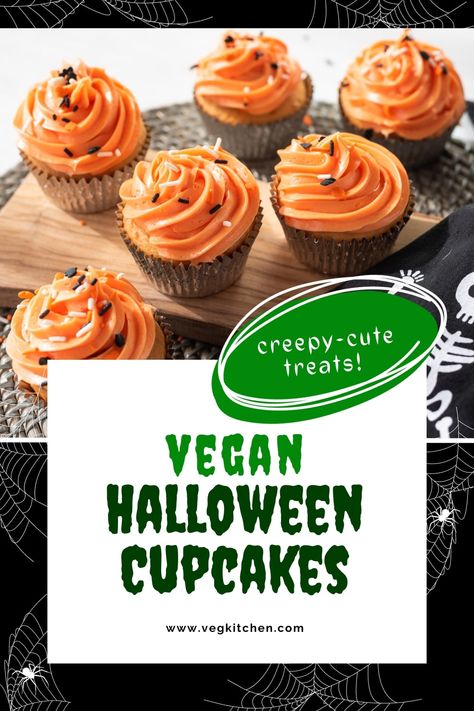 Vegan Halloween Cupcakes Vegan Halloween Cupcakes, Vegan Halloween Desserts, Vegan Frosting, Vegan Halloween, Orange Food Coloring, Halloween Sprinkles, Recipes Baking, Vegan Cupcakes, Ginger Snap Cookies