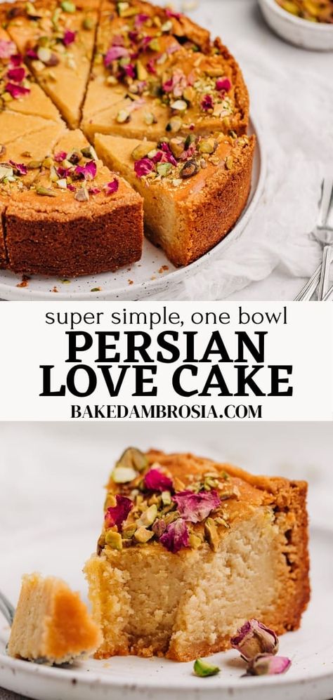 In this beautiful Persian Love Cake, a buttery almond crust is filled with a creamy yogurt filling full of Middle Eastern flavors! This gluten free cake has the most amazing taste and is super simple to make. #persianlovecake #glutenfree #valentinesdaydessert #recipe #bakedambrosia | bakedambrosia.com Recipe With Almond Flour, Love Cake Recipe, Persian Love Cake, Almond Crust, Creamy Yogurt, Persian Food, Baking Sweets, Love Cake, Gluten Free Baking