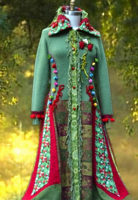 Boho Sweater Coat, Forest Queen, Long Sweater Coat, Wearable Art Clothing, Boho Pullover, Green Corset, Patchwork Coat, Altered Couture, Boho Sweater