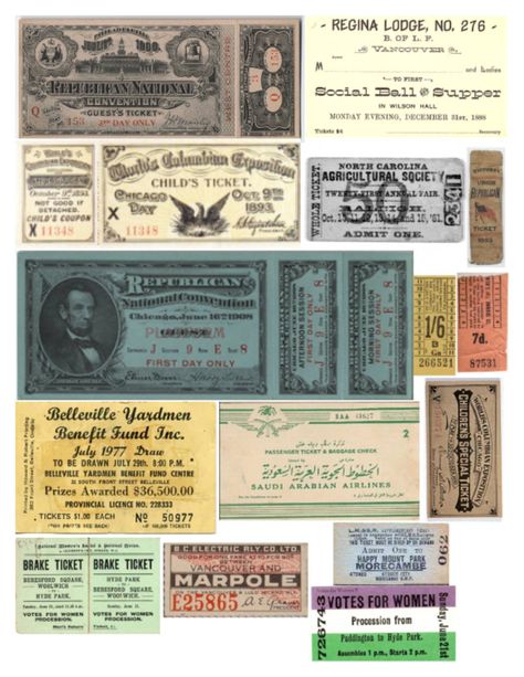 Free Printable Vintage Ephemera - Collage Sheet of Tickets! Junk Journal Words Free Printable, Steampunk Ephemera Free Printables, Free Steampunk Printables, Vintage Junk Journal Free Printable Collage Sheet, Free Ephemera Printables, Collage Sheets Free Printables, Ticket Ephemera, Free Vintage Printables Ephemera, Ephemera Free Printables