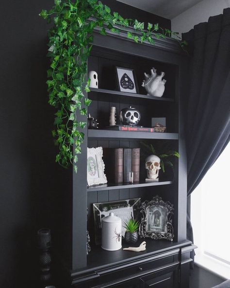 Alternative Home Decor Ideas, Gothic Shelves Decor, Goth Bookshelf Aesthetic, Emo Bookshelf, Gothic Bookshelves, Gothic House Wall Shelves, Gothic Bookcase, Goth Black Wall Shelves, Gothic Living Room