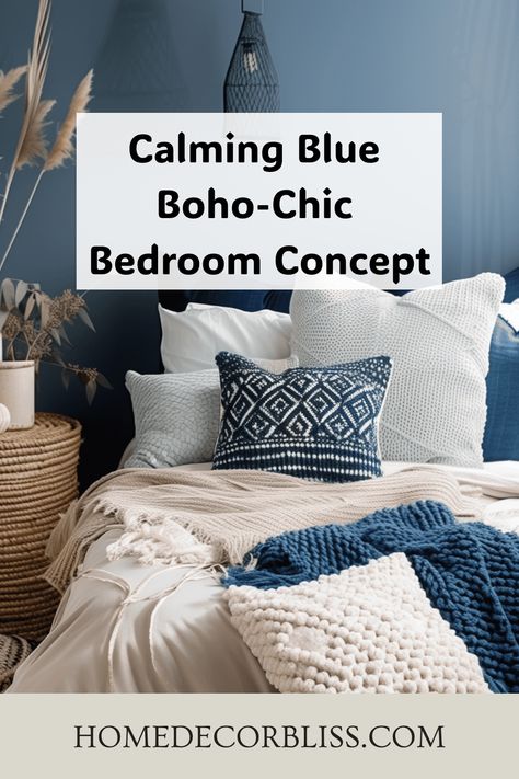 boho chic bedroom Boho Navy Bedroom, Cozy Bedroom Ideas Blue, Royal Blue Boho Bedroom, Boho Blue Bedding Sets, Boho Chic Bedroom Blue, Blue Bohemian Bedroom, Sky Blue Boho Bedroom, Calming Blue Bedroom, Dark Blue Bedding Boho