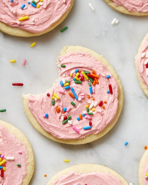 Close up shot of a lofthouse cookie with a bite taken out of it. Loft House Cookies, Lofthouse Cookie Recipe, Sugar Cookie Frosting Recipe, Old Fashioned Sugar Cookies, Store Cookies, Soft Frosted Sugar Cookies, Cookie Frosting Recipe, Lofthouse Sugar Cookies, Lofthouse Cookies