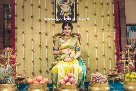 Seemantham Saree Ideas, Decor By Krishna, Seemantham Decoration, Dohale Jevan, Indian Baby Shower Decorations, Indian Baby Showers, Home Flower Decor, Simple Stage Decorations, Bridal Sarees South Indian