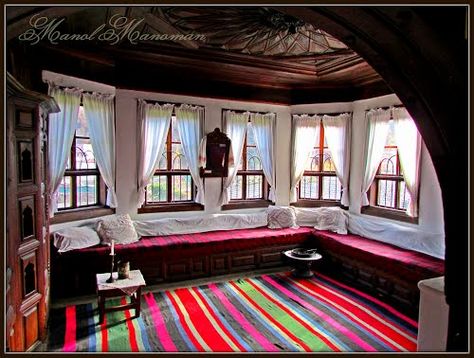 BULGARIA-Tryavna old house Turkish Interior Design, Serbian Architecture, Floor Seating, Interior D, Big Windows, Rustic Living, Indian Home, Indian Home Decor, House Interior Decor