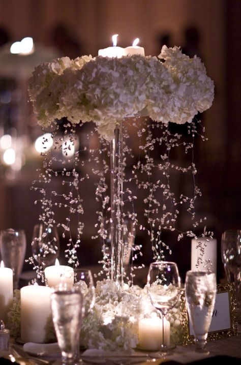 Love this centerpiece....would be great for a spring wedding. Looks like rain coming from the flowers which resemble clouds. Formal Centerpieces, Diy Centerpiece, Cloud Theme, Luxury Party, Canadian History, Winter Wonderland Wedding, Decoration Inspiration, Center Pieces, Cloud 9