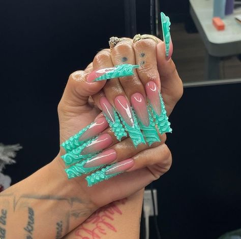 Amazing Acrylic Nails Design, Nails Emerald, Girly Acrylic, Turquoise Nails, 4 Tattoo, Drip Nails, Nails Set, Dope Nail Designs, Exotic Nails