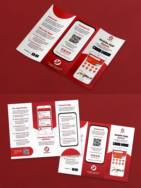 Mobile Application Tri-Fold Brochure Template AI, EPS Tri Fold Brochure Design Creative, App Brochure Design, Broucher Ideas Design, Trifold Flyer Design, App Brochure, Sdg 5, Tri Fold Brochure Design, Mobile Poster, Minimalist Concept