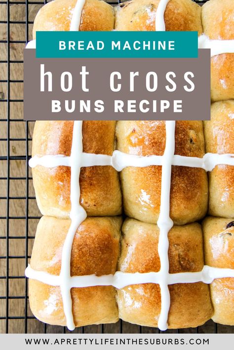 Bread Machine Hot Cross Buns Hot Cross Buns Recipe Easy Bread Machine, Bread Machine Breakfast Breads, Bread Maker Hot Cross Buns, Hot Cross Buns Recipe Bread Machines, Bread Machine Hot Cross Buns, Bread Machine Recipes Easy, Hot Cross Buns Recipe Easy, Breadmaker Recipes, Bun Recipes