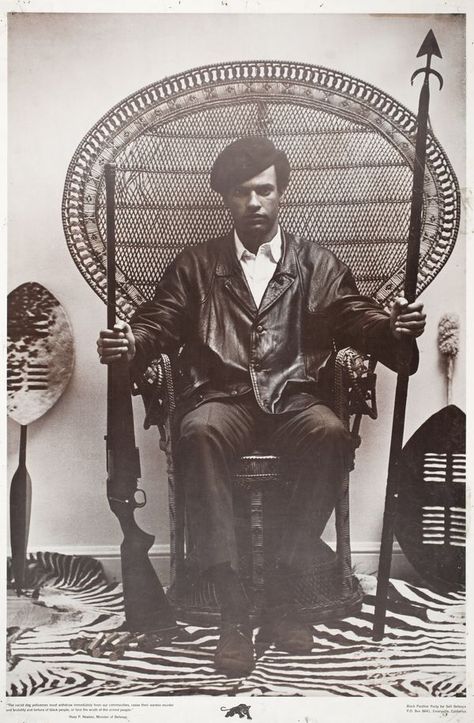 This poster of Huey P. Newton was made from a photo taken by Eldridge Cleaver in 1967 at civil rights attorney Beverly Axelrod's house. Eldridge made the original posters and then gave them to the Black Panther Party to sell. It quickly became the leading poster of its time and was sold throughout the world. The poster is a symbol of man's evolution in self-defense, from the spear and shield to the shotgun. Huey P Newton, Black Panthers Movement, Gil Scott Heron, Black Panther Party, Black Panthers, By Any Means Necessary, Black Knowledge, Malcolm X, Picture Story