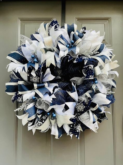 Navy Blue and Silver Winter Deco Mesh and Ribbon Wreath. - Etsy Penn State Mesh Wreaths, Snowflake Wreath, Deco Mesh Ribbon, Christmas Front Doors, Snowflake Decorations, Mesh Ribbon, Winter Snowflakes, Ribbon Wreath, Wreath Forms