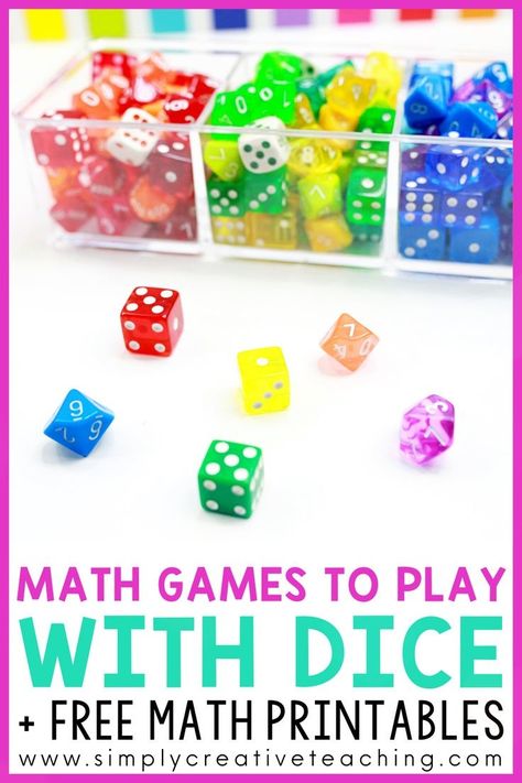 Engage your elementary students with these easy no prep dice math games! Learn how to use dice for practicing place value, addition, subtraction, and more! These games can easily be adapted to different elementary grade levels including kindergarten, first grade, and second grade. Learn all about how to use different dice including 10 sided and polyhedral dice for kids. Roll the dice and get FREE math activities here! Math Games With Dice, Games With Dice, Dice Math Games, Easy Math Games, 1st Grade Math Games, Math Addition Games, Free Math Printables, Printable Math Games, Free Math Games