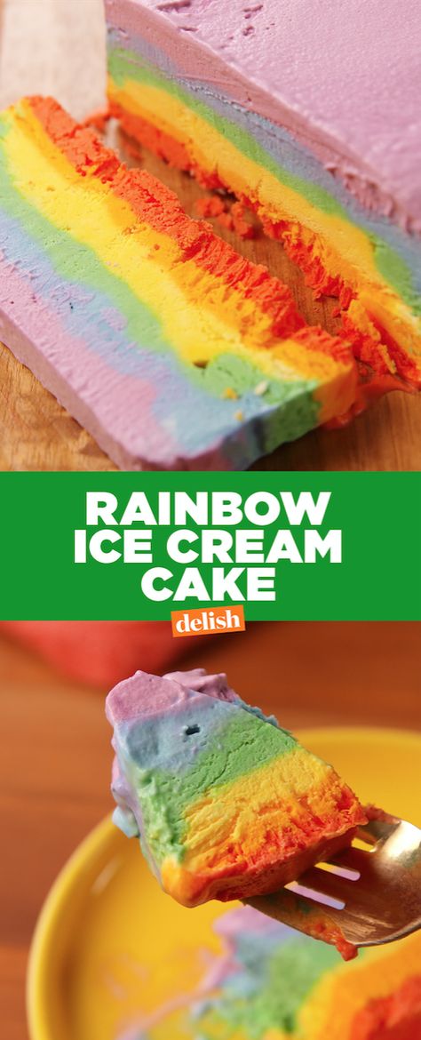 Watching this Rainbow Ice Cream Cake come to life is the most satisfying thing you ever. Get the recipe from Delish.com. Rainbow Recipes, Diy Ice Cream Cake, Churn Ice Cream, Rainbow Desserts, Easy Baby Food Recipes, Rainbow Ice Cream, Ice Cream Cake Recipe, Cake Cream, No Churn Ice Cream