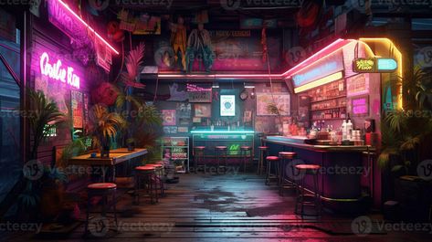 Cyberpunk Street Concept Art, Horizontal Illustration, Punk Room, Arcade Bar, Nightclub Design, City Games, Cloud City, Vendor Booth, Space Fantasy