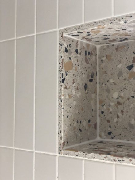 How To Create A Modern Impactful Bathroom With Mandarin Stone Terrazzo Shower Niche, Porcelain Tiles Bathroom, Brown Terrazzo, Terrazzo Bathroom, Mandarin Stone, Bilik Air, Upstairs Bathrooms, Bathroom Inspo, Porcelain Floor Tiles