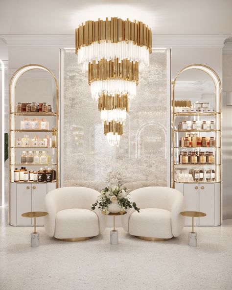 Cosmetology Office Design, Beauty Salon Luxury Design, Cosmetology Clinic Interior, Cosmetology Clinic Interior Design, Beauty Salon Architecture, Aestethic Beauty Salon, Luxurious Salon Interior, White And Gold Salon Interior Design, Luxury Beauty Salon Design Interior