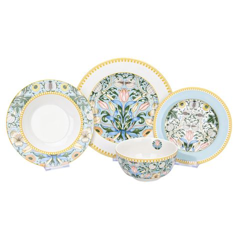 PRICES MAY VARY. Material : bone china. Made in : China Set Contains : 6 dinner plates, 6 dinner bowls, 6 dessert plates, 6 cereal bowls Dimensions : Dinner Plate - 10.5" (26.7 cm) Dinner Bowl - 8.5" (21.5 cm) Dessert Plate - 7.5" (19 cm) Cereal Bowl - 5.5" (14 cm) This design is distinguished by the delicacy of the color and the subtlety of the pattern. Pastel turquoise color scheme of European baroque combined with oriental pomegranates and tulips. The Dinnerware Set will delight you and your Turquoise Color Scheme, China Dinnerware Sets, Bone China Dinnerware, Dinner Bowls, Porcelain Dinnerware, Porcelain China, China Sets, Dinner Plate Sets, Dessert Plates