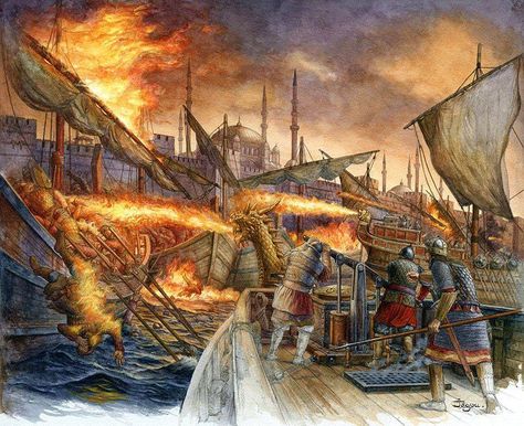 greek fire Siege Of Constantinople, Battle Of Actium, Byzantine Army, Knight Templar, Eastern Roman, Empire Romain, Rome Antique, Ancient Warfare, Ancient Technology