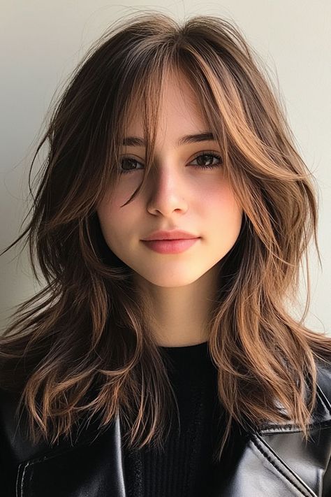 Medium Hair Layers Wavy, Messy Shoulder Length Hair Choppy Layers, Haircut For Medium Wavy Hair, Haircuts For Wavy Hair Medium Layered, Layers For Wavy Hair Medium, Wave Hairstyles Medium, Medium Length Permed Hair, Bangs For Thick Wavy Hair, Wavy Long Layers