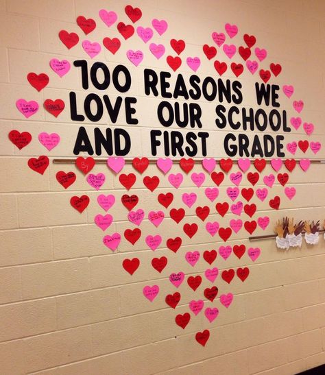 100 REASONS WE LOVE OUR SCHOOL AND FIRST GRADE! Super easy bulletin board or hallway display to show gratitude and appreciation! Perfect for Valentine's Day, 100th Day of School or just because. #100thday #kindness #gratitude  photo only 100 Días De Clases, 100th Day Of School Crafts, Catholic Schools Week, 100 Day Of School Project, Valentines Day Bulletin Board, February Ideas, Teaching Holidays, 100 Day Celebration, School Week