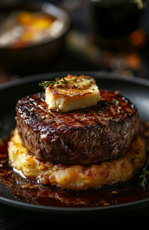 Filet Mignon with Bone Marrow Butter and Gratin Perfection. Fine Dining Main Course, Bone Marrow Butter, Marrow Butter, Korea Christmas, Fine Dining Plating, Five Course Meal, Filet Mignon Recipes, Amazing Appetizers