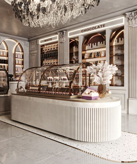 chocolate Shop , KSA on Behance Chocolate Store Design, Decoration Things, Bakery Shop Interior, Feminine Essence, Bakery Shop Design, Bakery Interior, Chocolate Stores, Bakery Design Interior, Bakery Decor