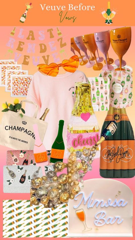 Explore a chic collage showcasing a selection of Champagne Themed Bachelorette Party essentials, featuring elegant champagne flutes and sparkling decor for a celebration filled with effervescent joy. Plan a bubbly bash with ease, allowing the champagne vibes and sparkling charm to set the stage for a gathering filled with love, laughter, and memories as exquisite as the finest champagne. Summer Bachelorette Party Themes, Veuve Before Vows, Champagne Bachelorette Party, Bachelorette Party Essentials, Summer Bachelorette Party, Ultimate Bachelorette Party, Themed Bachelorette Party, Bachelorette Party Planning, Bachelorette Themes