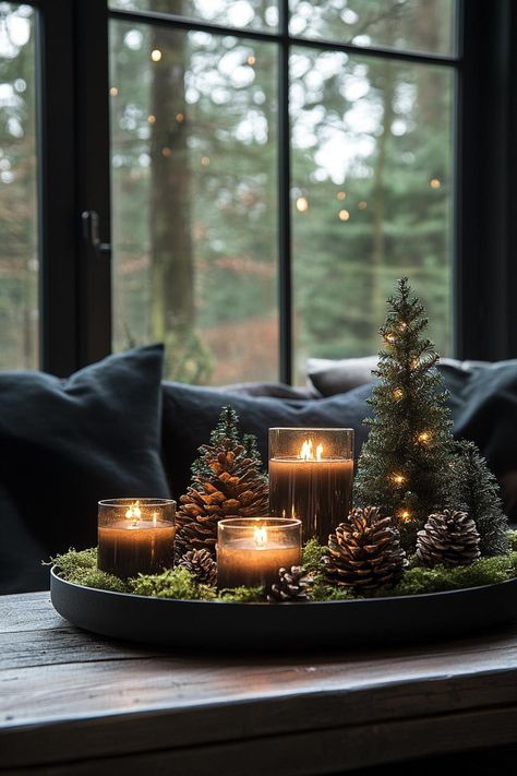 Christmas Decor Industrial, Christmas Pine Decor, Zen Christmas Decor, Christmas Moody Aesthetic, Holiday Home Aesthetic, Dark Living Room Christmas Decor, Xmas Decorating Ideas House, Christmas Industrial Decor, Christmas Decoration At Home