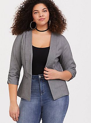 Grey Textured Stretch Blazer, CHARCOAL HEATHER Torrid 2019 Jan Chiffon Babydoll Dress, Plus Size Jacket, Ruched Sleeve Blazer, Workwear Essentials, Peplum Blazer, Plus Size Blazer, Drape Jacket, Lightweight Blazer, Knit Blazer