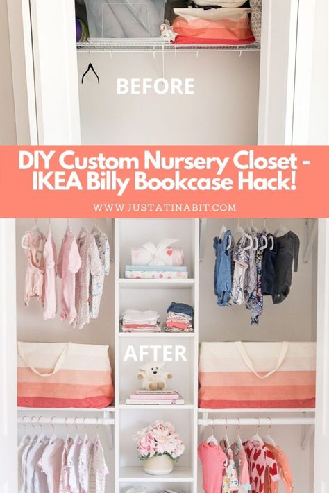 Custom Nursery Closet - IKEA Billy Bookcase Hack! | Just A Tina Bit Double Rod Closet, Nursery Projects, Bookcase Hack, Billy Bookcase Hack, Gender Neutral Baby Nursery, Nursery Closet Organization, Ikea Nursery, Closet Diy, Ikea Billy Bookcase Hack