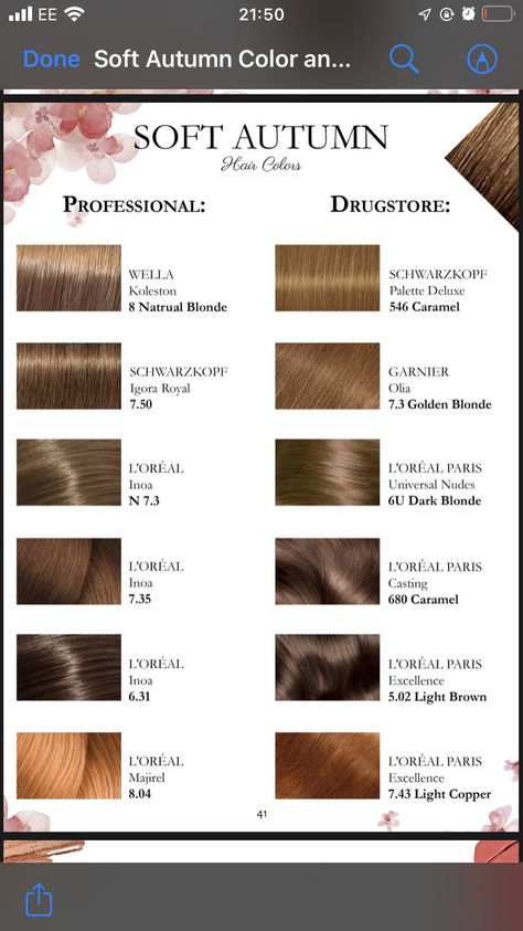 Hair Color For Muted Autumn, Autumn Skin Hair Color, Soft Autumn Hair Balayage, Soft Autumn Dark Hair, Soft Autumn Gold Or Silver, Soft Autum Hair Colors, Hoc Autumn Hair, Soft Autumn Hair Color Palette, Soft Autumn Drugstore Makeup