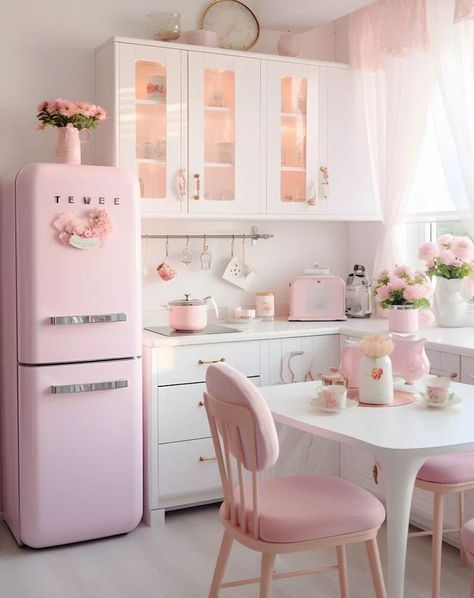 Retro Pink Kitchens, Pink Living Room Decor, Cocina Shabby Chic, Pastel Home Decor, Pastel Kitchen, Deco Rose, Dream Kitchens Design, Pink Living Room, Pink Home Decor