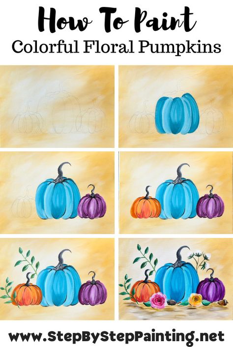 Step By Step Painting Thanksgiving, Fall Canvas Painting Tutorials, Acrylic Painting Pumpkins Fall, Fall Pumpkin Painting Ideas On Canvas, Simple Fall Canvas Paintings, Pumpkin Painting Step By Step, Pumpkin Floral Painting, Fall Canvas Painting Ideas Easy Diy Step By Step, Diy Pumpkin Painting Canvas