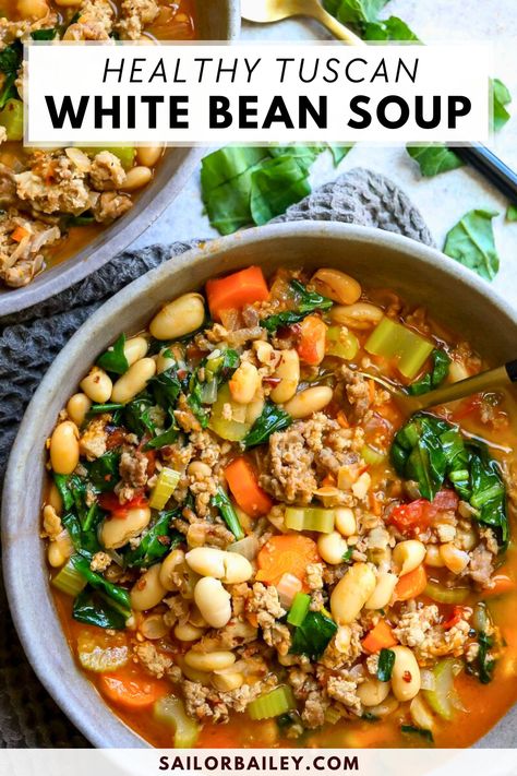 Soup Recipe With Ground Turkey, Soup With Ground Turkey, Tuscan White Bean Soup, Bean And Sausage Soup, Turkey Sausage Recipes, Soup Fall, Ground Turkey Soup, Tuscan White Bean, Tuscan Bean Soup