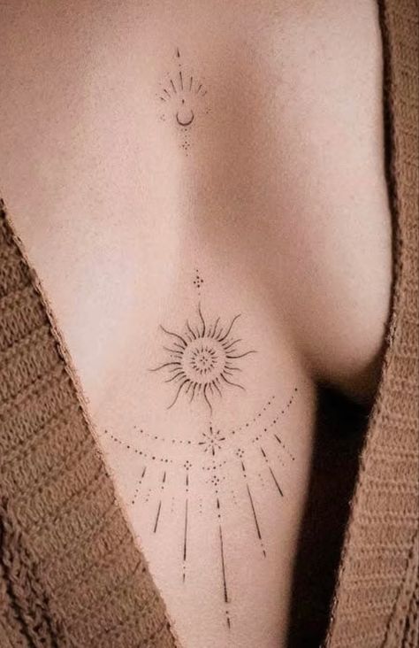 Women Sternum Tattoo, Mandala Sternum Tattoo, Sternum Tattoo Design, Tattoo Sonne, Underboob Tattoo Designs, Tato Minimal, Chest Tattoos For Women, Sun Tattoos, Gorgeous Tattoos