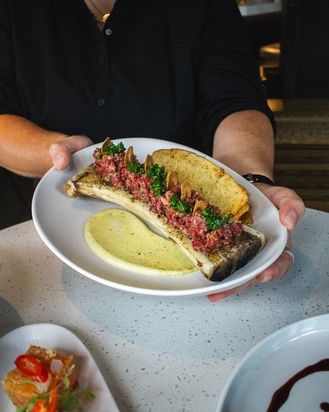 The perfect prelude to culinary delight. Bone appetite!   Roasted Marrow Bone + Wagyu Tartare + Classic Dress + Smoked Oyster Aioli + Croutes. Bone Marrow Recipe, Wagyu Recipes, Marrow Recipe, Pub Bar Ideas, Gastronomic Food, Roasted Bone Marrow, Short Rib Recipes, Meat Ideas, Gastro Pub