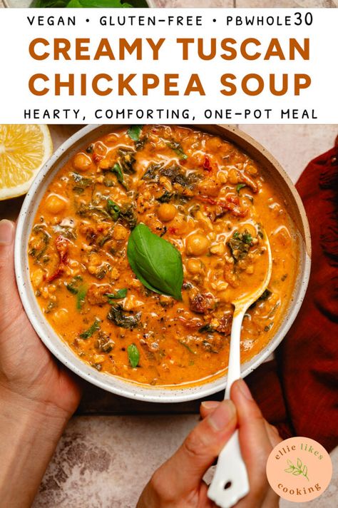 Tuscan Chickpea Soup - Ellie Likes Cooking Creamy Tuscan Chickpea Soup, Tuscan Chickpea Soup, Tuscan Soup, Plant Based Soups, Tempeh Recipes, Spiced Chickpeas, Chickpea Soup, Chickpea Recipes, Vegetarian Soup