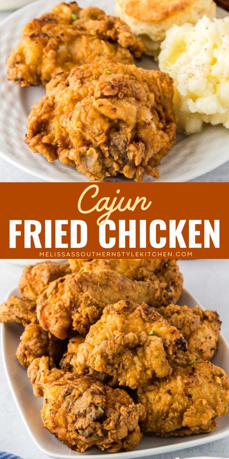 This recipe for Cajun Fried Chicken is a variation on classic Southern Fried Chicken that features a spicy and robust flavor profile. Serve it alongside your favorite Southern sides and a glass of sweet tea to wash it all down. Louisiana Thanksgiving, Turkey Gizzards, Cajun Fried Chicken, Nola Recipes, Cajun Chicken Salad, Nola Style, Cajun Fries, Fried Chicken And Waffles, Fry Chicken