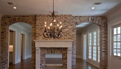 Brick Patterns For Fireplace, Brick Fireplace To The Ceiling, Elegant Brick Fireplace, Joanna Gaines Brick Fireplace, 2 Sided Fireplace Ideas, Old Chicago Brick Fireplace, Brick House Interior Ideas, Two Sided Fireplace Ideas, 2 Sided Fireplace Living Room