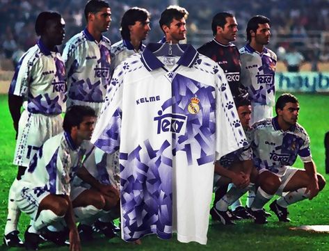 Great One-offs... Real Madrid 3rd shirt from the 1996 / 97 season. It was made by Kelme and only worn once on the pitch for a friendly against Torino (1:1) in August 1996. Hala Madrid Jersey, Real Madrid Old Jersey, Real Madrid Vintage Jersey, Real Madrid Kit 23/24, Real Madrid Jersey 2023/24, Real Madrid Kit, The Pitch, Football Kits, Real Madrid