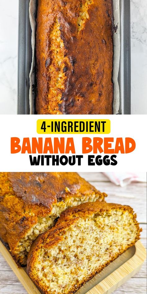 Meet your new favorite banana bread recipe—no eggs, no problem! With just four ingredients, this easy-peasy loaf is moist, delicious, and perfect for any occasion. East Banana Bread, Easy Banana Bread Recipe No Eggs, Egg Free Banana Bread Recipe, Banana Bread Egg Free, 4 Ingredient Banana Bread, Banana Bread Without Eggs, Bread Without Eggs, Banana Bread No Eggs, Eggless Banana Bread Recipe