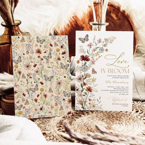 $2.09 | Rustic Love in Bloom Wildflower Bridal Shower #bridal shower, rustic romance, vintage pressed flowers, terracotta tan rust brown beige, botanical garden butterflies, fall autumn winter summer, bohemian wedding, elegant calligraphy script, boho wildflower, love in bloom Wildflower Bridal Shower, Rustic Love, Fall Bridal Shower Invites, Love In Bloom, Addressing Wedding Invitations, Boho Wildflower, Rustic Bridal Shower Invitations, Rustic Romance, Fall Bridal Shower