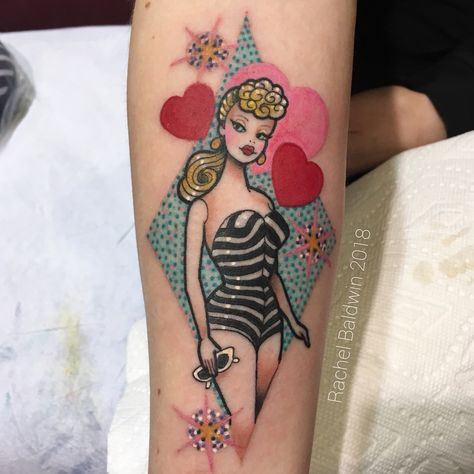 Rachel Baldwin on Instagram: “Retro Barbie for lovely Tara 💞❤️💞 #barbie #barbietattoo #kawaiitattoo #kawaii” American Traditional Barbie Tattoo, Tattoo Barbie Doll, Barbie Pinup Tattoo, Vintage Barbie Tattoo, Barbie Doll Tattoo, Cute Vintage Tattoos, Barbie Tattoo Ideas Simple, Barbie Movie Tattoo, Barbie Tattoo Ideas