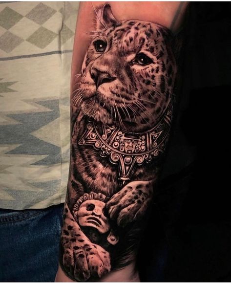 Aztec Pyramids Tattoo, Mexican Tiger Tattoo, Aztec Jaguar Warrior Tattoo, Aztec Jaguar Art, Aztec Animal Tattoo, Mexican Jaguar Tattoo, Raza Tattoos, Mayan Jaguar Tattoo, Aztec Sleeve Tattoos